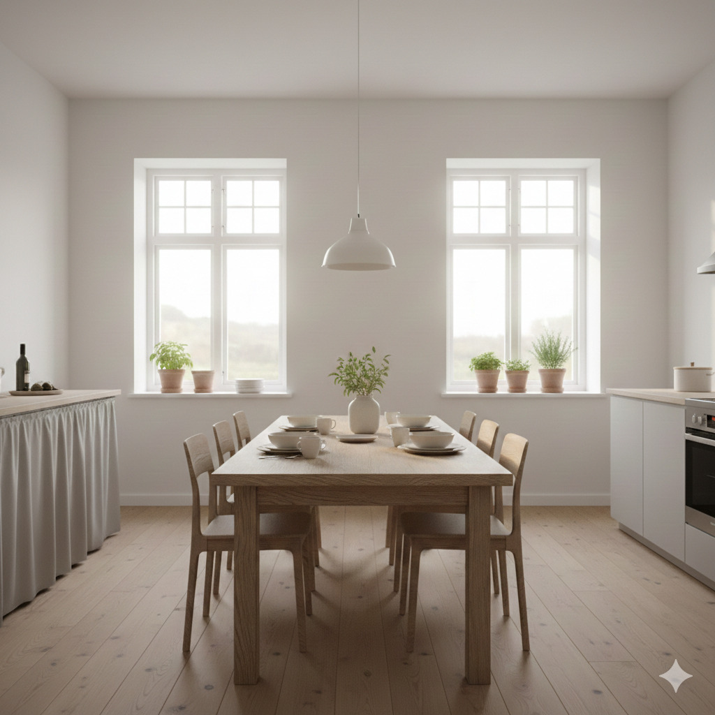 Светла модерна кухня със skandinavски дизайн и естествено осветление